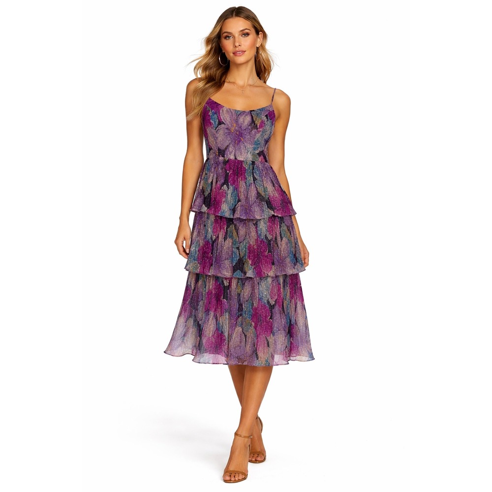 New! Dress the Population Floral Tiered Midi Dress Size Small Shimmer $278